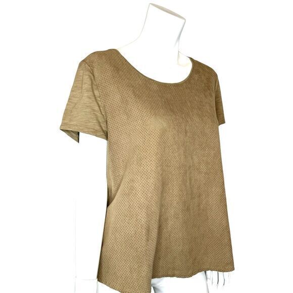 CHICOS Size 2 US L Perforated Microsuede Slub Knit Mixed Media Short Sleeve Top - Picture 3 of 6